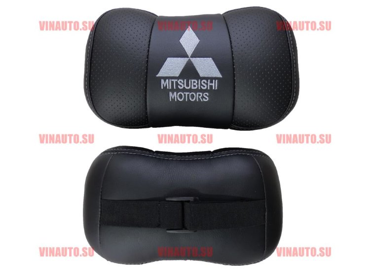 Автомобильные подушки для шеи MITSUBISHI серая вышивка (Аригон) чер+чер